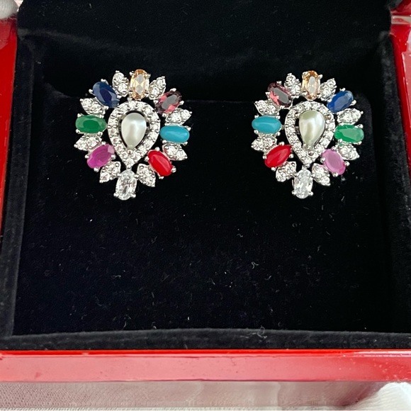 14k White Gold Plated 9 stone Earring - Picture 5 of 6